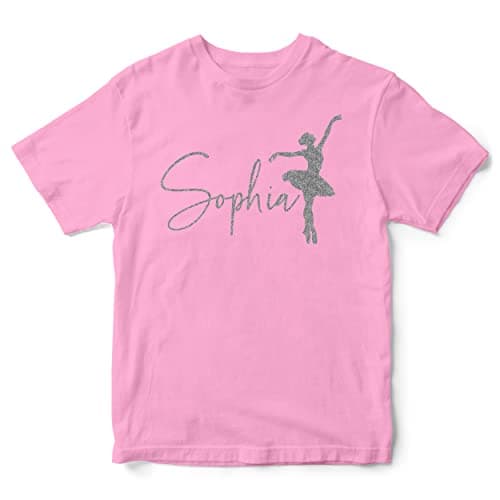 Image of Purple Print House Silver Glitter Personalised Girls Ballet T Shirt, Custom Ballerina Girls Tshirt, Christmas and Birthday Gifts for Daughter Who Goes to Ballet Dance Class, 3-4 Years, Light Pink