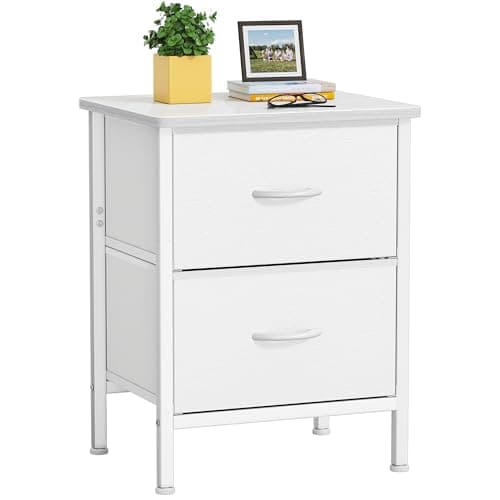 Image of HOMIDEC Bedside Table,Side Table with 2 Fabric Drawers and Metal Frame,Large Capacity Storage Bedside Cabinet for Bedroom,Living Room and Sitting Room ect.White Leather