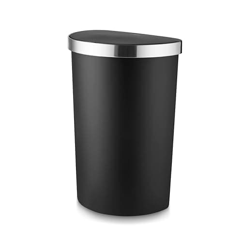 Image of Tower Curved Sensor Bin with Bin Liner Retainer Ring, Durable PP Body, Battery Operated, 50L, Black with Stainless Steel Trim on Lid