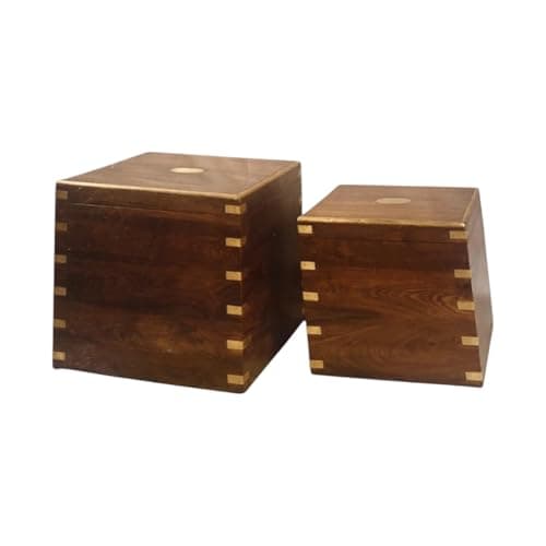 Image of AcaciaHome Durable and Vintage 45cm Set of 2 Wooden Trunk Chests - Rustic Storage Ottoman Bench with natural tones and metal clasp handles. Spacious, stylish, and perfect for bedroom or living room