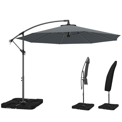 Image of Outsunny 3 m Cantilever Parasol with Umbrella Weights, Cross Base, Offset Outdoor Umbrella with Protective Cover, Crank Handle, Hanging Sun Shade, Dark Grey