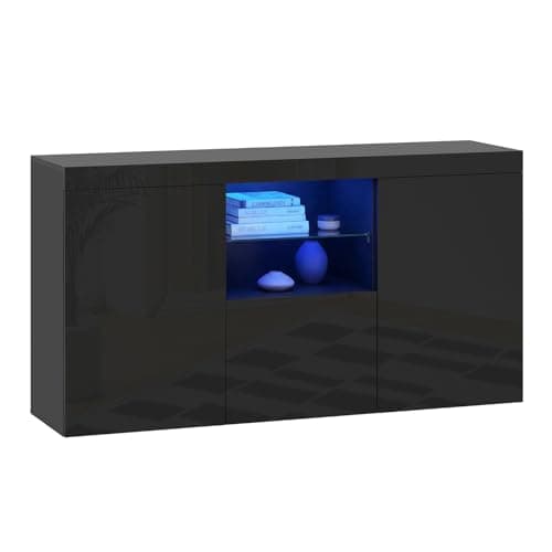 Image of Panana High Gloss 3 Door Sideboard Cupboard with LED Lights Display Cabinet Storage Unit for Living Dining Room Bedroom Furniture (Black)