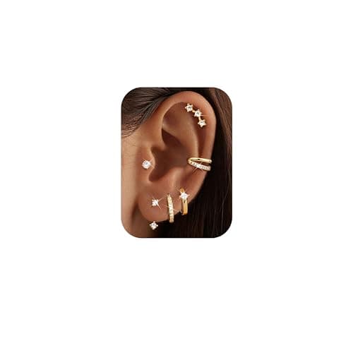 Image of Roheafer 6 Pairs 14K Gold Plated Earrings for Women Hypoallergenic Surgical Steel Flat Back Earring Small Stud Hoop Cartilage Earring Stacks Helix Conch Tragus Piercing(G-2 CZ Hoop)