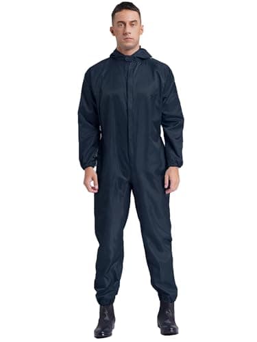 Image of iiniim Men's Long Sleeve Hooded Coverall Front Zipper Dustproof Jumpsuit Workwear Mechanics Overalls Navy Blue 3XL