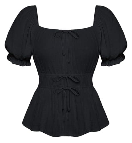 Image of SCARLET DARKNESS Womens Summer Tops for Women UK Short Puff Sleeve Cottagecore Fairy Tops Medieval Costume Black M