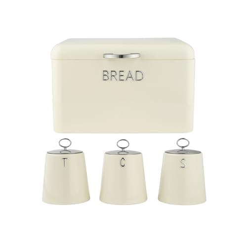 Image of Salter Retro Cream Bread Bin & Canisters – 4-Piece Countertop Set, Dried Goods, Tea, Coffee & Sugar Canisters, Dry Food Storage Containers, Pastries, Rolls, Bagels, Durable Steel, Embossed Lettering