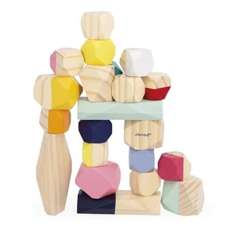 Image of Janod - 20 Wooden Stacking Stones - Early Learning Toy for Toddlers, Water-Based Paint - Stacking Toy - Develops Fine Motor Skills and Concentration - Ages 2 and up
