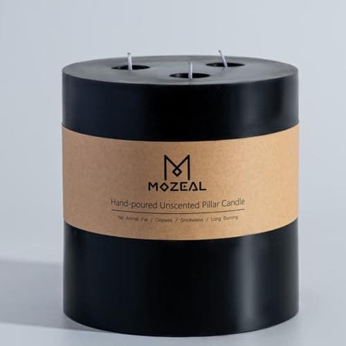 Image of MOZEAL Extra Large 3 Wick Black Pillar Candle, 6" x 6", Unscented, Dripless, Smokeless, and Clean-Burning. Approx. 120 Hours of Burn Time. Perfect for Weddings, Dinners, Halloween and Fall Decor