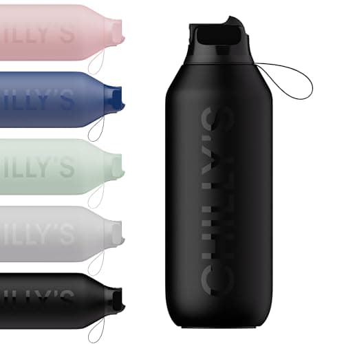 Image of Chilly's Series 2 Flip Water Bottle with Sports Lid - Vacuum Insulated Stainless Steel Water Bottle with Straw, Carry Loop, & Cleaning Brush - No Sweat - 500ml - Abyss Black