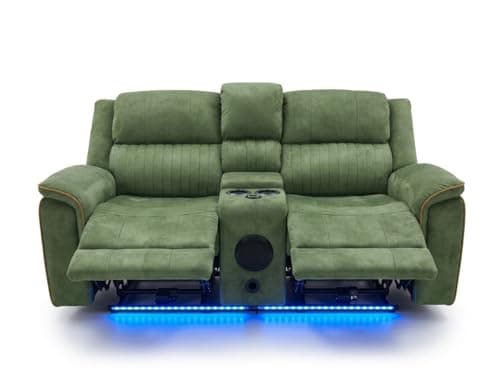 Image of Geneva Pro Fabric Electric Recliner Sofa 3+2 Seater Set - 3+2 Seater Sofa With Bluetooth/Cooling Cup-Holders/LED Lights/Wireless Charging/USB Charging Ports (Emerlad Green, 2 Seater)