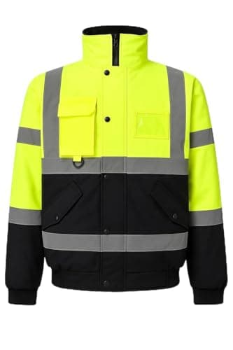 Image of BLOOM BLENDS High Visibility Bomber Jacket Waterproof Reflective Safety Coat – Hi Vis Workwear Winter Jacket with fleece Lining, Waterproof Outer & Removable Hood (UK, XL, Yellow/Navy)