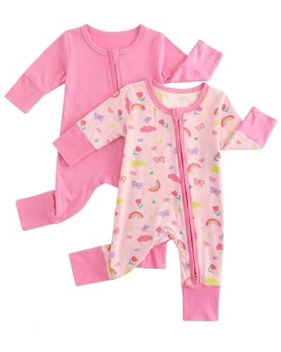 Image of JiAmy Baby Boys Girls Bamboo Sleepsuits 2 Pack, Zip-Up Babygrow with Fold-Over Mittens & Feet, Breathable Lightweight Sleepwear with Anti-Slip Soles Eose Rainbow 6-9 Months