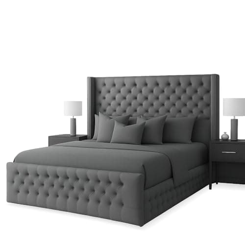 Image of Atomic Sleep Luxury Chesterfield Wingback Bed Frame - Upholstered in Plush Velvet Fabric with Mattress/Gas Lift Option - UK Made (Steel Plush, Kingsize 5ft with mattress + gas lift storage)