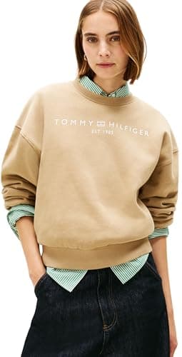 Image of Tommy Hilfiger Women's CORP LOGO MDRN SWTSRT WW0WW47831 Pullover Sweatshirt, BEIGE (Driftwood Taupe), L