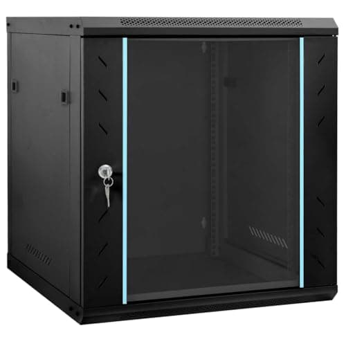 Image of vidaXL Network Cabinet with Storage Black 60 x 45 x 65 cm Steel, Modern Cabinet, Office Storage, Durable Electronic Components, Wall-Mounted Network Equipment, Tech Organizer for Workplaces