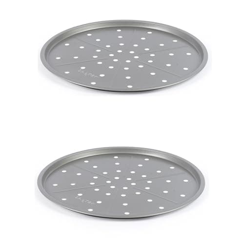 Image of Salter Essentials Pizza Tray Set – Set of 2 Oven Trays, Non-Stick Coating, Round Baking Tray, Dishwasher Safe, Easy to Clean, Made in the UK, Durable Carbon Steel, Garlic Bread, Lightweight, PFOA-Free