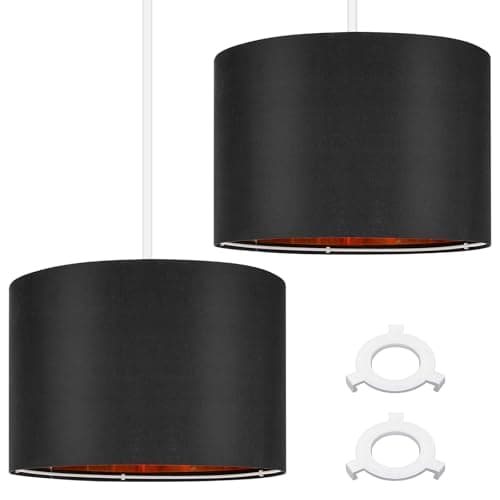Image of Weewooday 2 Pack Black Lampshade for Ceiling 12" Modern Golden Inner Drum Lamp Shade with E27 to E14 Lamp Shade Adapter Ring for Pendant Lights Table or Bedside Floor Lights