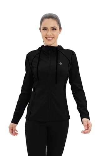 Image of HDTIYUYP Womens UPF Sports Jacket - Long Sleeve Hooded Full Zip Running Jacket Lightweight Hiking Jacket with Zip Pockets Ladies Zip Up Jogging Hoody Outdoor Sports Top Black 14