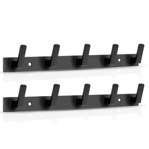 Image of Maxzwell Black Wall Hook Rack with 5 Metal Hooks | Heavy Duty Coat Hooks in Stainless Steel | Wall Mounted Storage Rail for Hats, Towels & Jackets (Pack of 2)