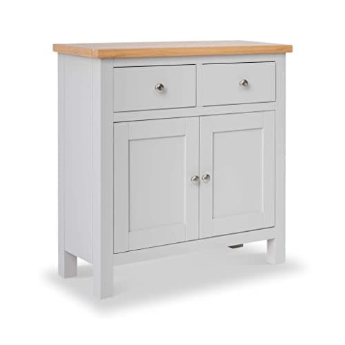 Image of RoselandFurniture Farro Mini Grey Sideboard for Living Room Painted Small Storage Cabinet | Fully Assembled Solid Wood 2 Door Cupboard with 2 Drawers & Oak Top for Kitchen Dining Room or Hallway