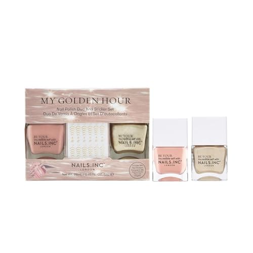 Image of Nails Inc My Golden Hour Duo & Stickers, Long Lasting, Glossy Nail Colour, High Shine, Airy Dry, Full Coverage, Chip Resistant, Salon Quality Manicure, Nail Kit, Cruelty Free, Vegan, 2 Piece Set
