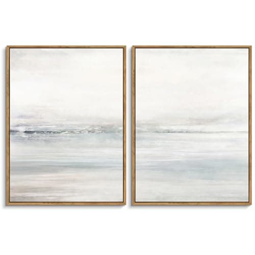 Image of Gardenia Art Framed Wall Art Set Abstract Ocean Beach Canvas Wall Decor Nature Shore Horizon Pictures Modern Decorative Coastal Seascape Artwork for Bedroom Bathroom Home Office 12"x16"x2 Natural