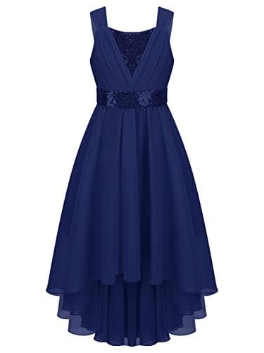 Image of CHICTRY Kids Girls Sequin Asymmetrical Bowknot Birthday Party Prom Wedding Flower Dress Navy Blue 9-10 Years