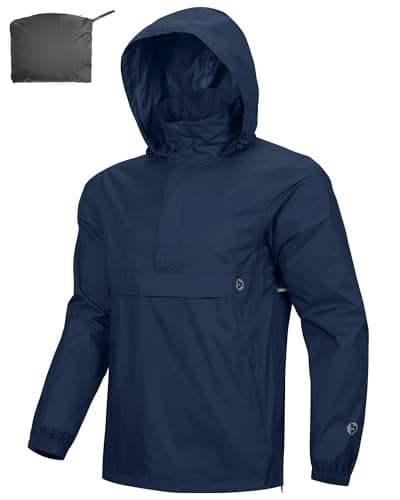 Image of Outdoor Ventures Rain Jacket for Men Waterproof Pullover Lightweight Hooded Outdoor Raincoat Packaway Breathable Reflective Anorak Jacket for Travelling, Camping, Running, Hiking, Navy Blue L