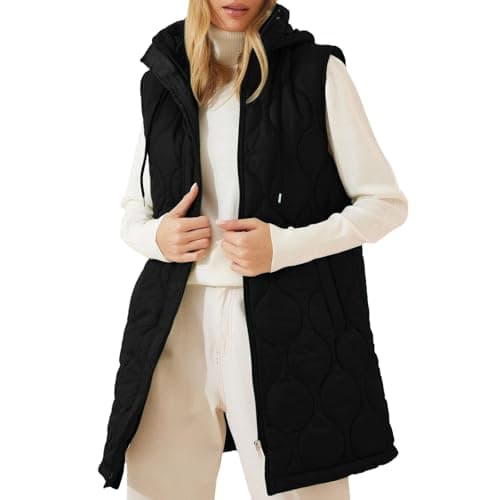 Image of Puffer Jackets for Women UK Casual Sleeveless Padded Vests Longline Plian Hooded Gilets Ladies Solid Classic Elegant Zipper Drawstring Fall Winter Warm Trendy Coat