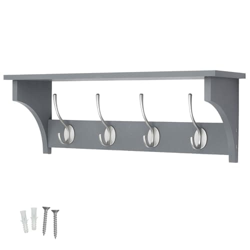 Image of keypak Wall Shelf Coat Rack Combo 4 Satin Nickel Hooks Grey Wooden Coat Rack 56cm Wall Mounted Organiser for Hallway, Kitchen, Bathroom, Bedroom