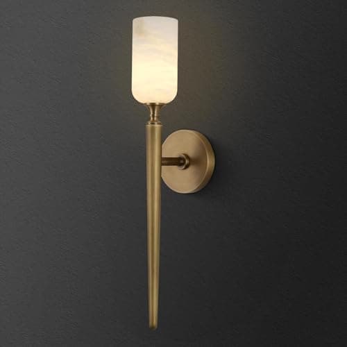 Image of Alabaster Wall Sconce 22in Antique Brass Sconces Wall Lighting, Imported in Spain Natural Alabaster, Bathroom Sconce Gold Sconces Wall Decor, For Living Room dining room Hallway Bedside Staircase