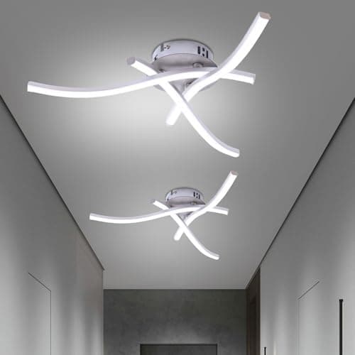 Image of ZONJIE 2 Pack Ceiling Lights - 21W 1600LM Modern LED Ceiling Light Kitchen Ceiling Lighting Curved Silver Living Room Ceiling Lights, 3 Built-in LED Boards Waved Pendant Lamps (Cool White)
