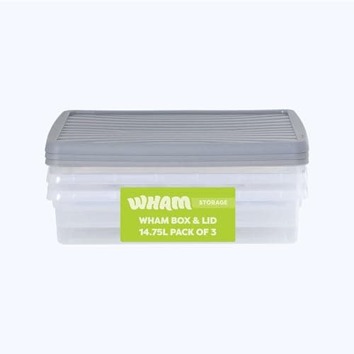 Image of Wham Box 3 x 14.75L Stackable Plastic Storage Boxes with Lids | Ideal for Home, Office, Toys & More | Secure, Ribbed Clip-On Lid for Added Strength | Made in UK - Clear/Steel