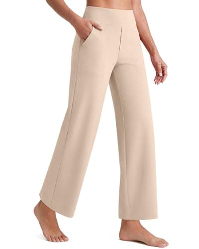 Image of G4Free Wide Leg Trousers for Women UK Ankle Length Yoga Pants with Pockets High Waisted Petite Stretch Trousers Short Leg Casual Travel Dress Pants(Light Khaki,M,27.5")