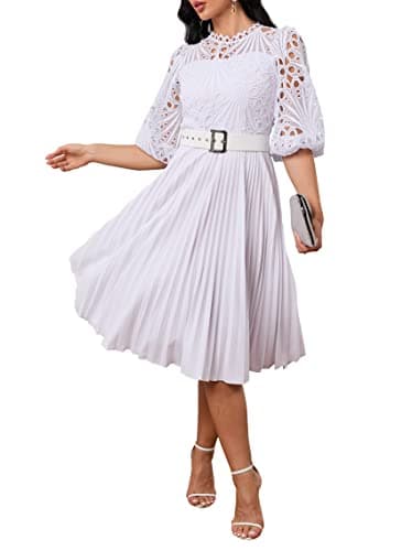 Image of IWFEV Lace Pleated Midi Dress With Puff Sleeve - Mid-Calf Hollow Party Evening Dress XXL White