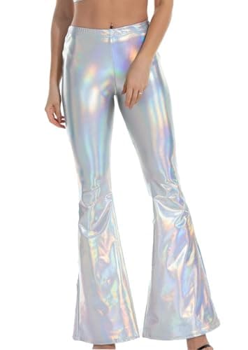 Image of Women's Shiny Flare Pants, 80's High Waist Metallic Flared Trousers for Disco, Wide Length Leggings for Dancewear Nightclub, Full Length Sexy Wet Look Yoga Palazzo Trousers for Party Rave Carnival