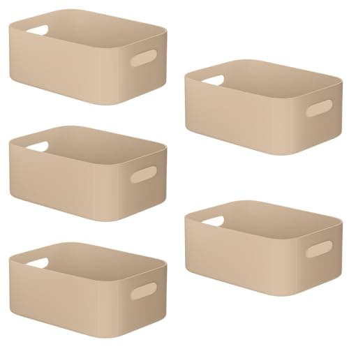 Image of W&H 5 PCS Plastic Storage Baskets, Medium Kitchen Storage Boxes with Handle, Cupboard Organiser Boxes, Plastic Baskets for Shelves, Bathroom, Office, Home - 25×17×10cm (Beige)