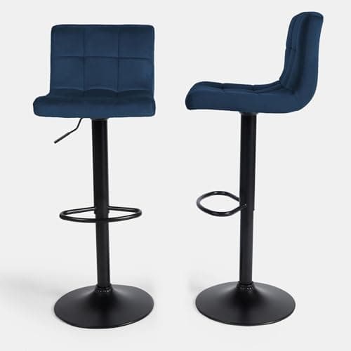 Image of OHS Breakfast Blue Bar Stools Set of 2 Adjustable Height Velvet Bar Stools, Soft Comfy Swivel With Footrest Metal Frame For Kitchen Counter - Navy