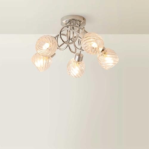 Image of MiniSun | Contemporary 5 Way Polished Chrome Curved Arm Flush Ceiling Light with Swirled Glass Dome Shades | Ceiling Lights & Home Improvements Essential | Mains Wired