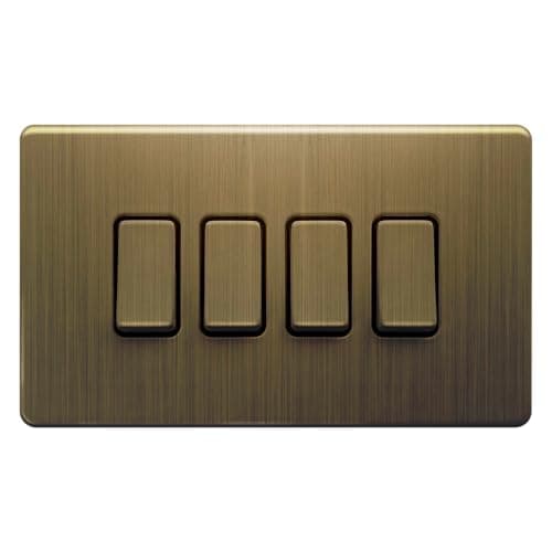 Image of Evoges Terra 2 Way Light Switch, 10AX, Antique Brushed Brass – Decorative Metal Plate (4 Gang)