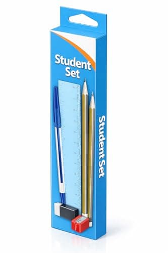 Image of 1ABOVE Student Stationery Set, 6 Pieces, HB Pencils, Blue Ball Pen, 15cm Ruler, Eraser, Sharpener