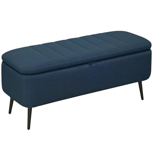 Image of HOMCOM Storage Ottoman with Flip Top, Rectangular Upholstered Bench, Linen Look Fabric Footstool with Steel Legs for Living Room, Bedroom, Dark Blue