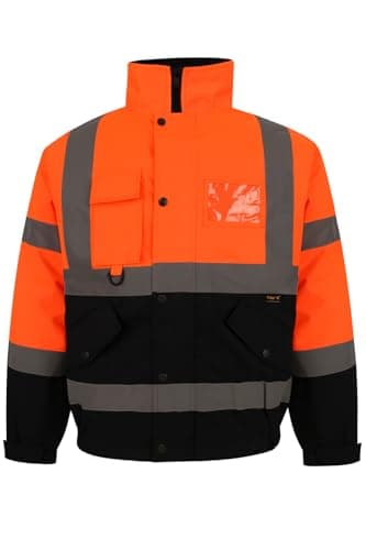 Image of BLOOM BLENDS High Visibility Bomber Jacket Waterproof Reflective Safety Coat – Hi Vis Workwear Winter Jacket with fleece Lining, Waterproof Outer & Removable Hood (UK, XL, Orange/Navy)
