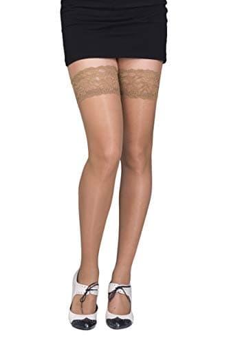 Image of SENTELEGRI Sheer 20 Denier Elastane Hold Ups Stockings with Lace, 17 Colours, Sizes S-XL (Dark Beige, Medium)