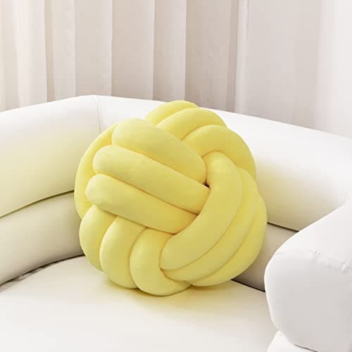 Image of Sioloc Soft Knot Ball Pillow - Round Throw Cushion for Home Decoration, Handmade Plush Knotted Pillow (10.6 Inches, Yellow)