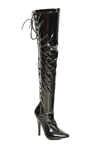 Image of Womens Ladies Sexy Thigh HIGH Kinky Fetish Over The Knee Stiletto Heel Full Hook Lace up and Side Zip Boots Size UK 4-12 (UK 4/EU 37, Black Patent)
