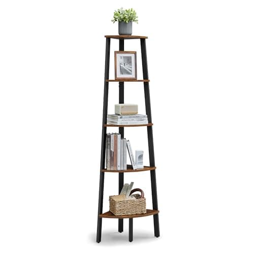 Image of VASAGLE Corner Bookcase 5 Tier Shelf Ladder Shelf Storage Unit Plant Holder for Living Room Industrial Style with Steel Frame, Rustic Brown and Black LLS35X