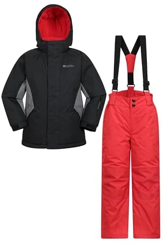 Image of Mountain Warehouse Kids Ski Jacket & Trousers Set - Snowproof Ski Outfit, Front Pockets, Fleece Lined Skiwear, Integrated Snowskirt - Best for Winter Snowboarding Jet Black (01) Kids Size 5-6 Years