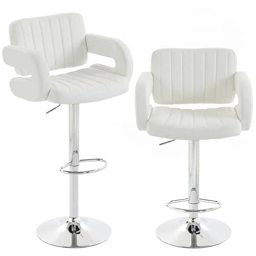 Image of HOMCOM Bar Stools Set of 2, PU leather Adjustable Bar Chairs with Backrest and Armrest, 360° Swivel, Metal Footrest, Barstools for Kitchen Dining Reception, White