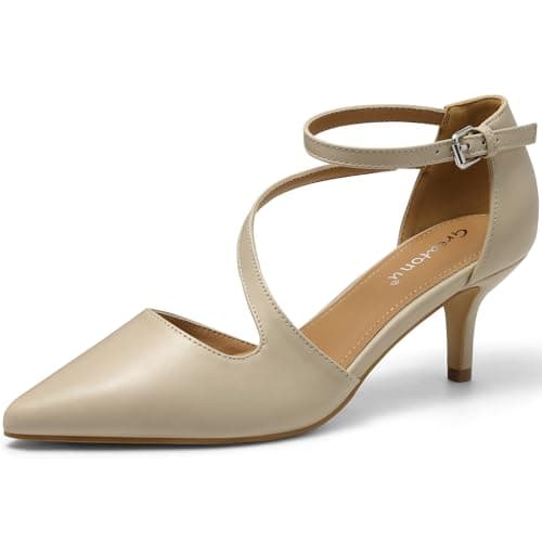 Image of Greatonu Womens Court Shoes D'Orsay Ankle Strap Low Kitten Heel Dress Pumps Wedding Bridal Beige UK 6
